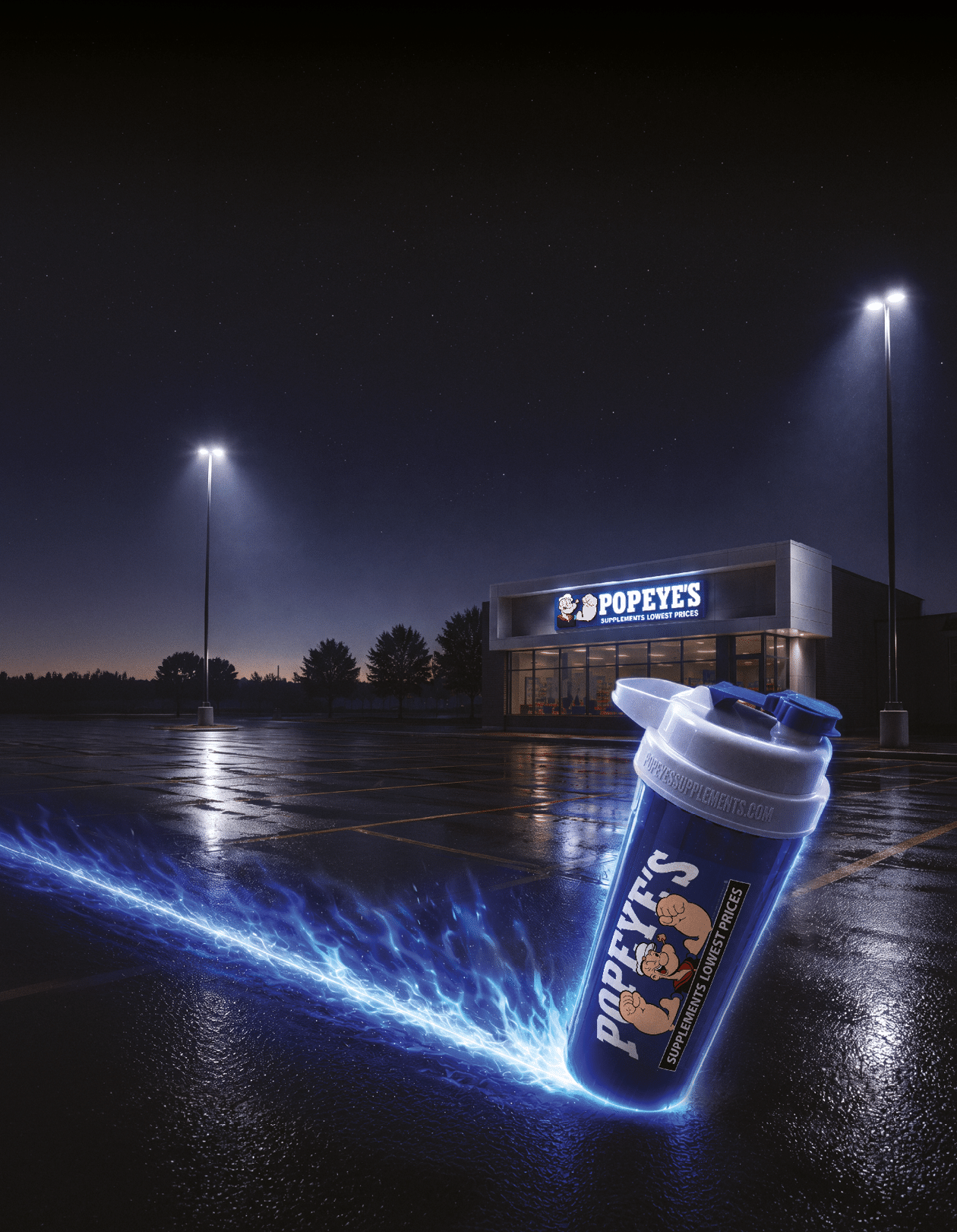 A glowing Popeyes-branded shaker bottle emits blue electric light trails in a dark, wet parking lot outside a lit Popeyes restaurant at night. Description generated by AI
