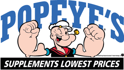A cartoon character with large flexed arms wearing a sailor hat and pipe is centered below bold blue text reading “POPEYE'S" and above a black banner with white text saying "SUPPLEMENTS LOWEST PRICES." Description generated by AI