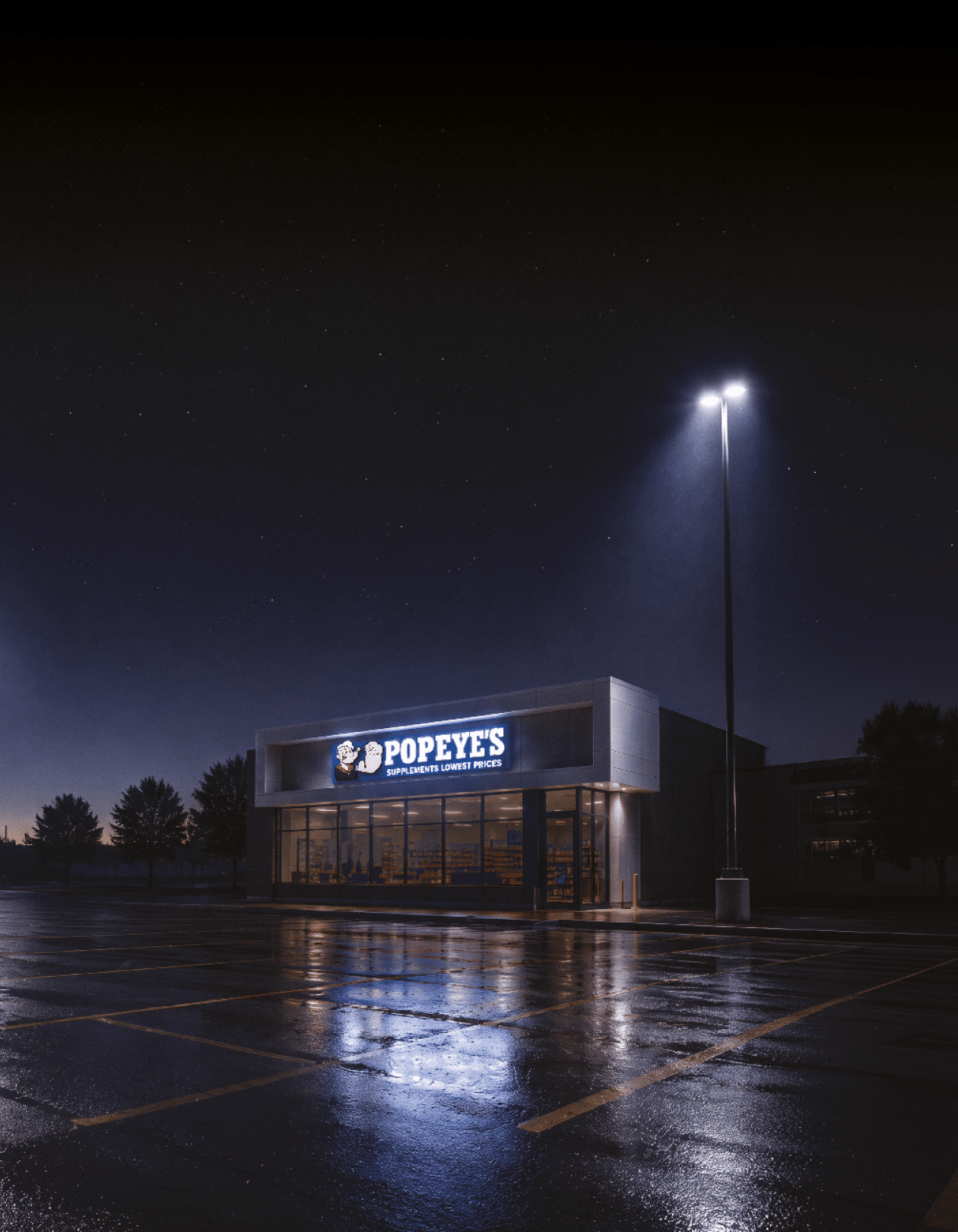 A brightly lit Popeyes restaurant stands alone in a wet, empty parking lot at night under a starry sky. Description generated by AI